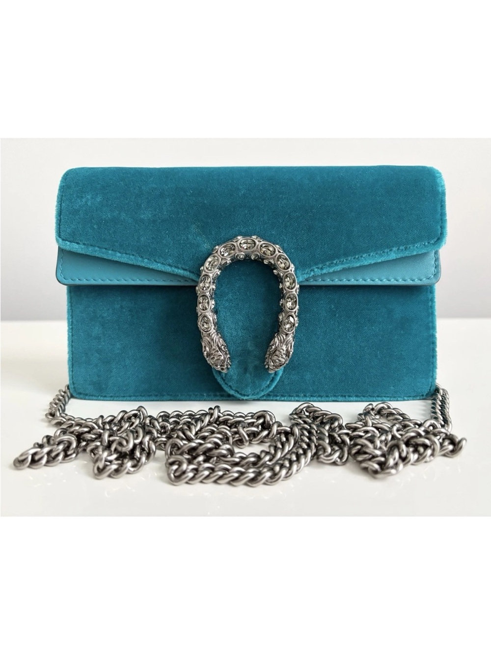 Gucci GG Dionysus Teal Blue Velvet Super Mini Silver Chain Crossbody Purse Bag